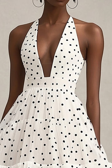 Halter A-linje Volang Vit Svart Polka Dots Klänning